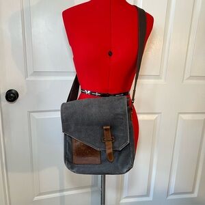 Vascular Small Canvas & Leather Messenger Bag Dark Gray & Brown